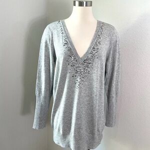 Eileen Fisher | Organic Cotton Cashmere Gray Sequined V-Neck Sweater Ribbed Slv